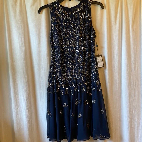 adrianna papell navy beaded dress Navy Sleeveless Illusion 3D Petal Beaded Gown